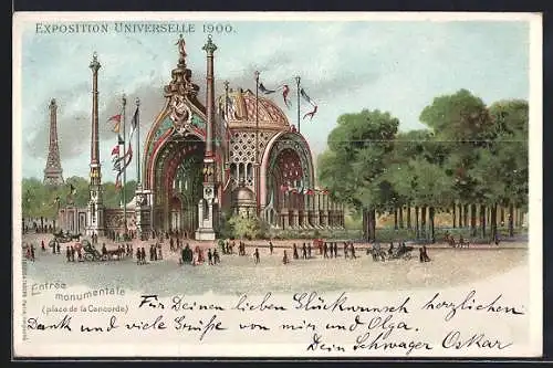 Lithographie Paris, Exposition universelle de 1900, Entrée monumentale place de la Concorde