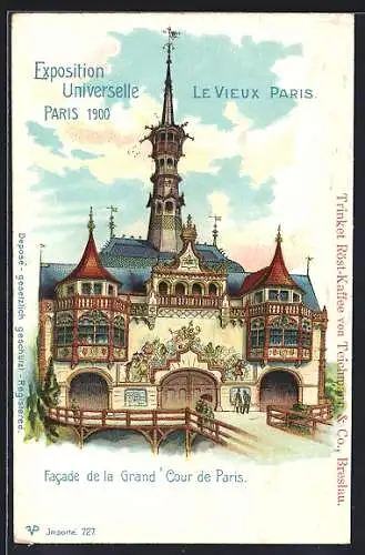Lithographie Paris, Exposition universelle de 1900, Facade de la Grand Cour de Paris