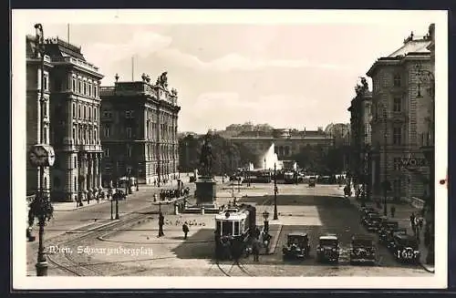 AK Wien, Schwarzenbergplatz mit Denkmal, Springbrunnnen und Strassenbahn