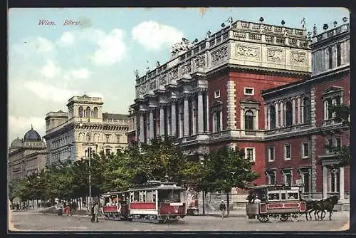 AK Wien, Pferdebahn und Strassenbahn in Fahrt vor der Börse