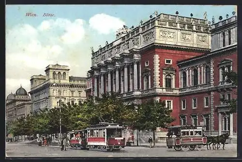 AK Wien, Pferdebahn und Strassenbahn in Fahrt vor der Börse