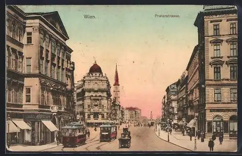 AK Wien, Praterstrasse mit Strassenbahnen und Kutsche