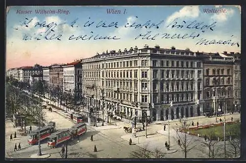 AK Wien, Kaiser Wilhelm-Ring aus der Vogelschau, mit Strassenbahnen