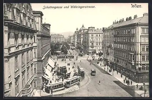 AK Wien, Schottengasse und Währingerstrasse mit Strassenbahnen aus der Vogelschau