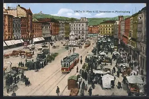 AK Linz, Platz des 12. November m. Pöstlingberg und Strassenbahn