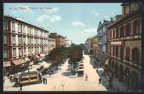 AK Tunis, Avenue de France mit Strassenbahn