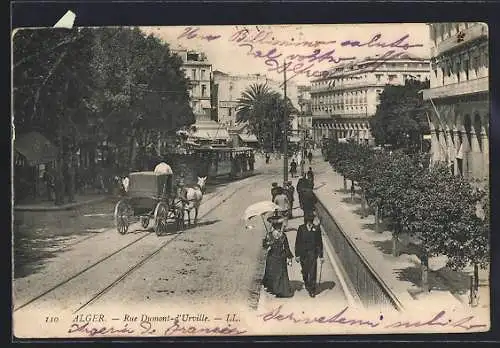 AK Alger, Rue Dumont-d`Urville, Strassenpartie mit Strassenbahn