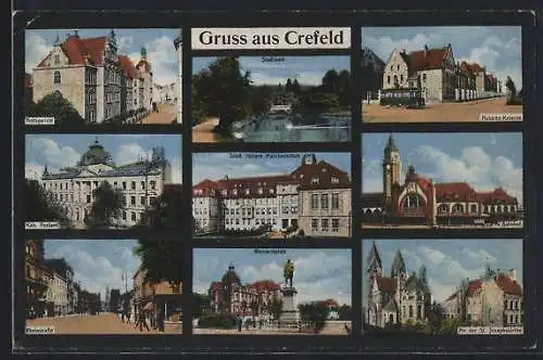 AK Crefeld, Amtsgericht, Rheinstrasse, Bahnhof, Husaren-Kaserne
