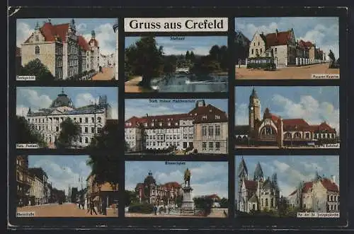 AK Crefeld, Amtsgericht, Rheinstrasse, Bahnhof, Husaren-Kaserne