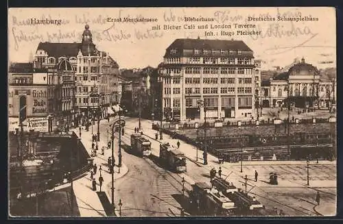 AK Hamburg-St.Georg, Bieberhaus und Strassenbahnen in der Ernst Merckstrasse