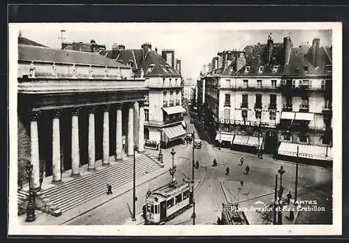 AK Nantes, place Graslin et rue Crebillon, Geschäfte und Strassenbahn