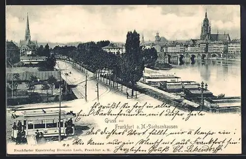 AK Frankfurt a. M.-Sachsenhausen, Strassenpartie mit Damen-Schwimmbad von E. Kayser und Strassenbahn