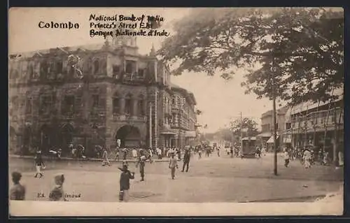 AK Colombo, National Bank of India, Princes`s Street East, Strassenpartie mit Strassenbahn