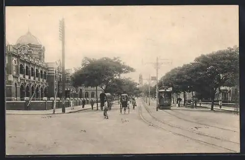 AK Colombo, P. W. D. Buildings, Strassenbahn