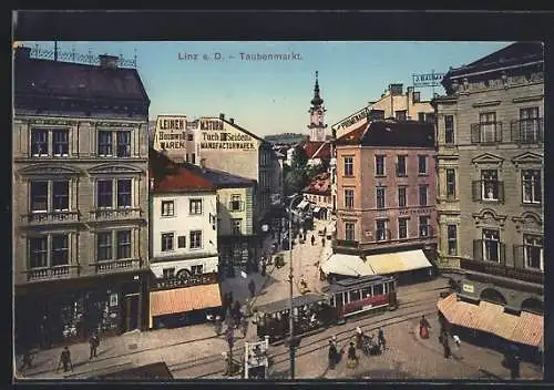 AK Linz a. B., Traubenmarkt mit Strassenbahn