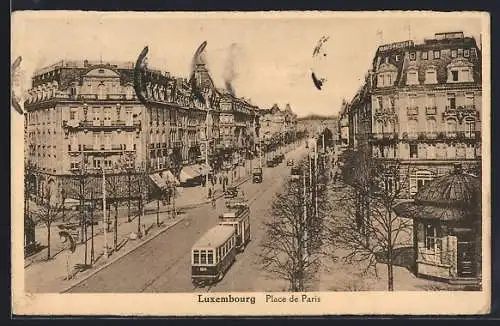 AK Luxembourg, Place de Paris, Strassenbahn