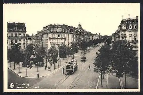 AK Luxembourg, Avenue de la Liberté, Strassenbahn