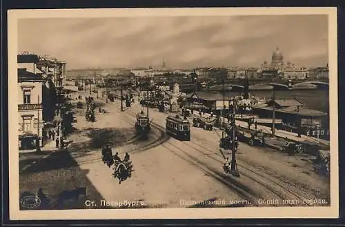 AK St. Petersburg, Wassily Ostrow, Quai de Nicolas, Panorama mit Strassenbahn