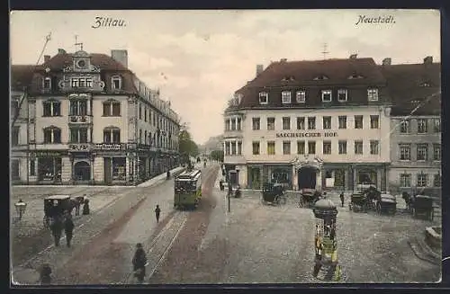 AK Zittau, Neustadt mit Hotel Saechsischer Hof und Strassenbahn