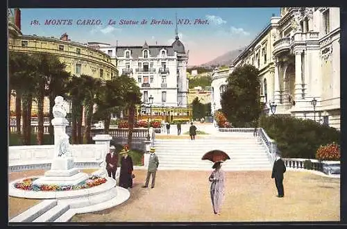 AK Monte Carlo, La Statue de Berlioz, Strassenbahn