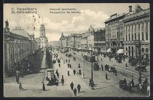 AK St.-Pétersbourg / St. Petersburg, Perspective de Nevsky, Strassenbahnen, Pferdekutsche