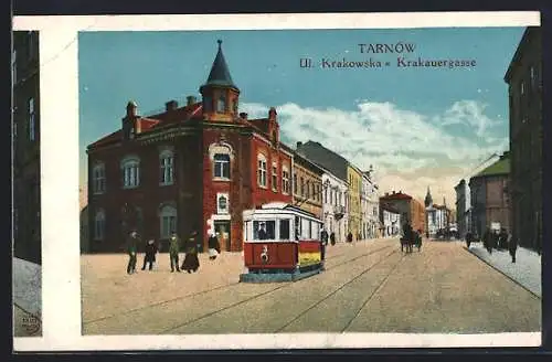 AK Tarnów, Strasse Krakauergasse mit Strassenbahn