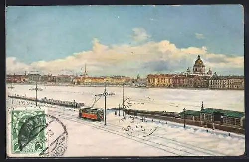 AK St. Pétersbourg, Vue sur la Néva et le quai de l`Amirauté, en hiver, Strassenbahn