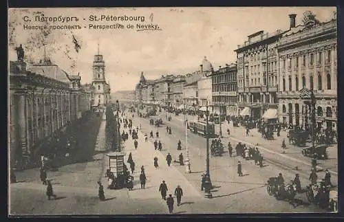 AK St.-Pétersbourg / St. Petersburg, Perspective de Nevsky, Strassenbahnen, Pferdekutsche