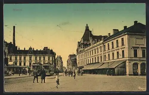 AK Malmö, Gustaf Adolfs torg med Stadt Hamburg och Teatern, Strassenbahn