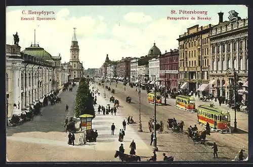 AK St. Pétersbourg, Perspective de Nevsky, Strassenbahn