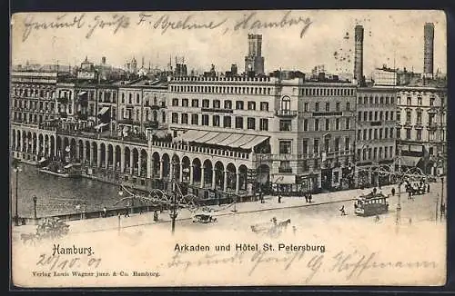 AK Hamburg, Arkaden und Hotel St. Petersburg mit Strassenbahn