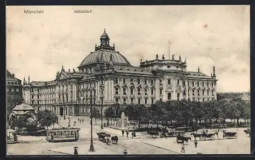 AK München, Justizpalast mit Strassenbahn