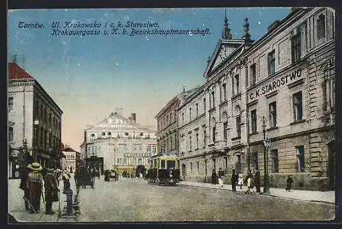 AK Tarnów, Krakauergasse mit Strassenbahn