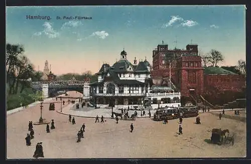 AK Hamburg-St. Pauli, Ortspartie mit St. Pauli-Fährhaus und Strassenbahn