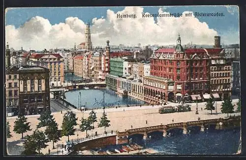 AK Hamburg, Reesendammbrücke mit Alsterarcaden und Strassenbahn