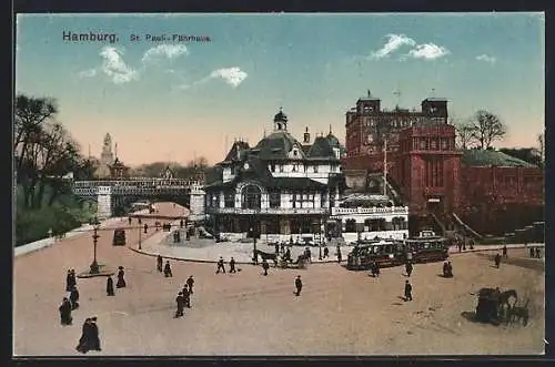 AK Hamburg-St. Pauli, Ortspartie mit St. Pauli-Fährhaus und Strassenbahn