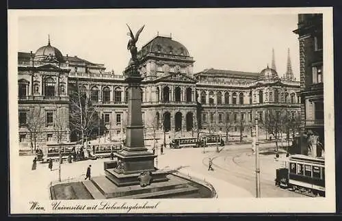 AK Wien, Universität mit Liebenbergdenkmal, Partie mit Strassenbahn