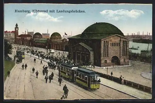 AK Hamburg-St. Pauli, Elbtunnel mit Landungsbrücken, Strassenbahn