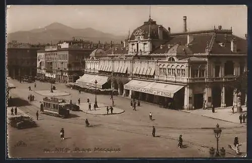 AK Nice, place Masséna, restaurant du Casino, Strassenbahn