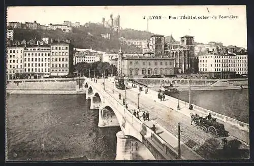 AK Lyon, Pont Tilsitt et coteau de Fourvière, Strassenbahn