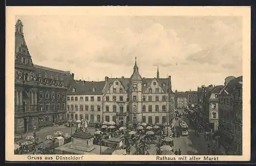 AK Düsseldorf, Rathaus mit altem Markt und Strassenbahn