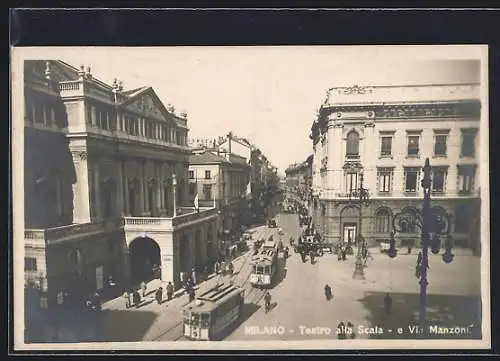 AK Milano, Teatro alla Scala-e Via Manzoni, Strassenbahn