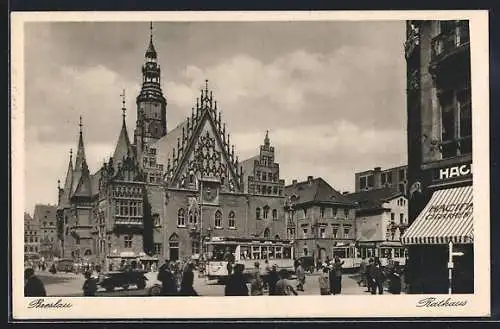 AK Breslau, Strassenbahn am Rathaus