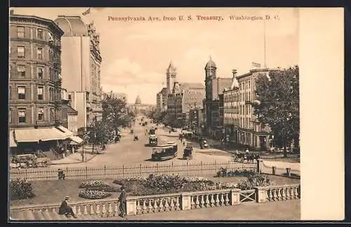 AK Washington D. C., Pennsylvania Avenue from U. S. Treasury, Strassenbahn