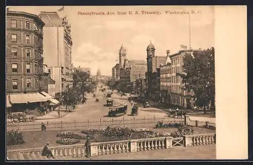 AK Washington D. C., Pennsylvania Avenue from U. S. Treasury, Strassenbahn