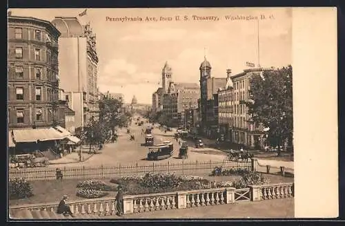 AK Washington D. C., Pennsylvania Avenue from U. S. Treasury, Strassenbahn