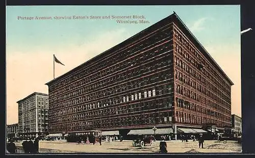 AK Winnipeg, Man., Portage Avenue showing Eaton`s Store and Somerset Block, Strassenbahn