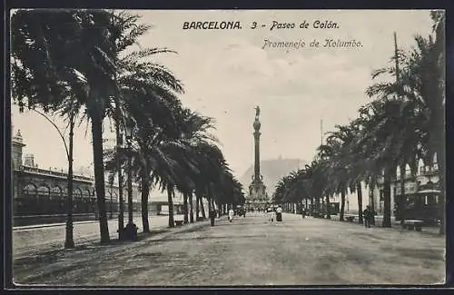 AK Barcelona, Paseo de Colón, Promenejo de Kolumbo, Strassenbahn