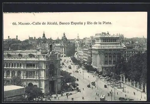 AK Madrid, Calle de Alcalá, Banco Espana y Rio de la Plata, Strassenbahn