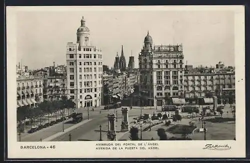 AK Barcelona, Avenida de la Puerta del Angel, Strassenbahn